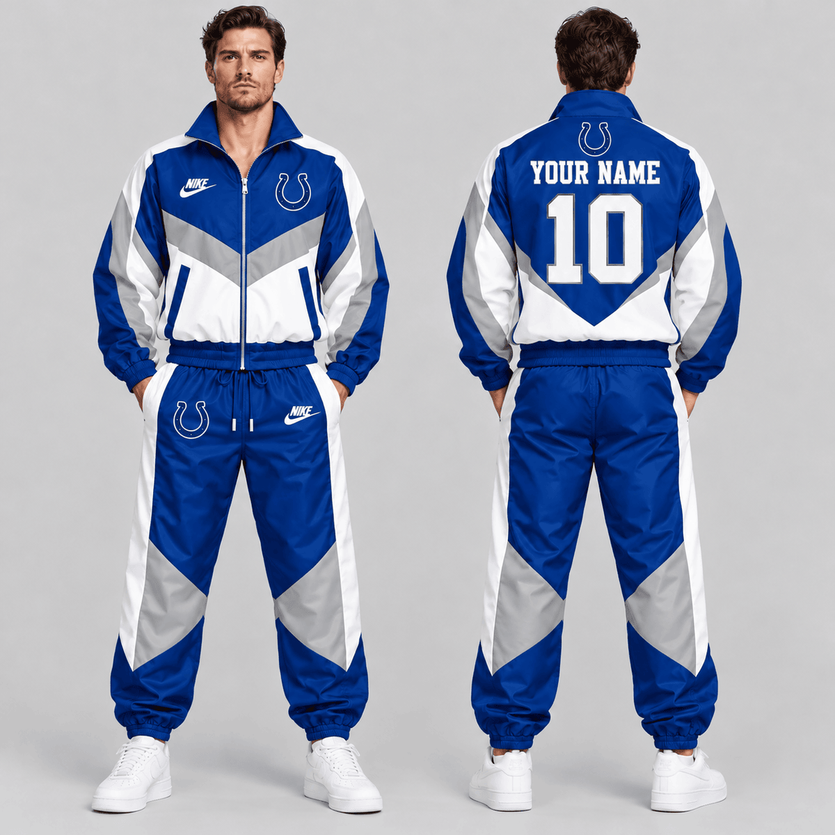 Indianapolis Colts | Premium NFL Custom Name Number Chevron Colorblock Zip Up Jacket & Matching Jogger Tracksuit NDN cover