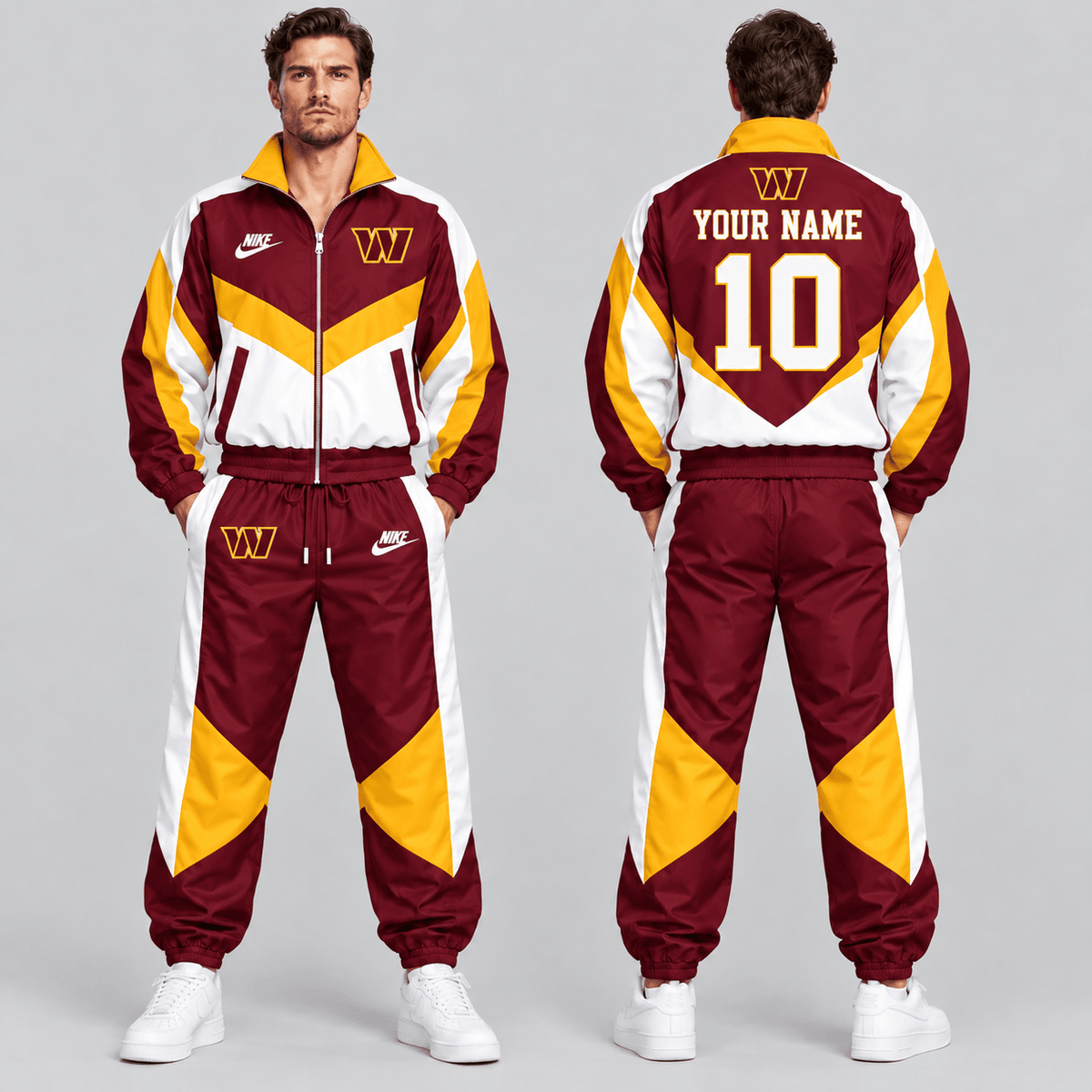 Washington Commanders | Premium NFL Custom Name Number Chevron Colorblock Zip Up Jacket & Matching Jogger Tracksuit NDN cover