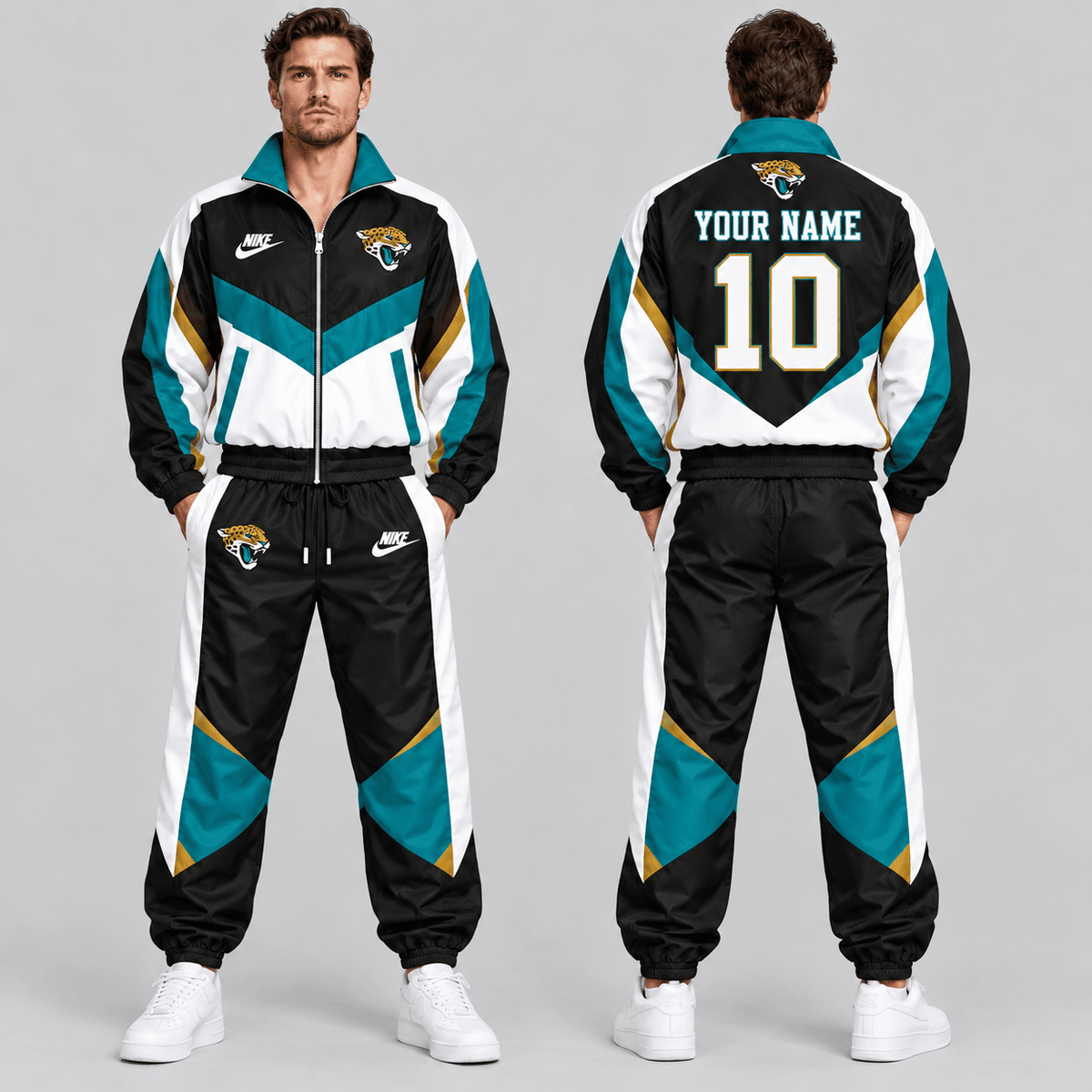 Jacksonville Jaguars | Premium NFL Custom Name Number Chevron Colorblock Zip Up Jacket & Matching Jogger Tracksuit NDN cover