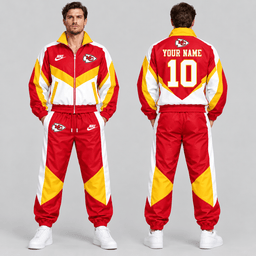 Kansas City Chiefs | Premium NFL Custom Name Number Chevron Colorblock Zip Up Jacket & Matching Jogger Tracksuit NDN cover