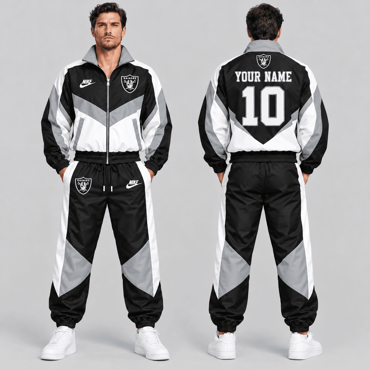 Las Vegas Raiders | Premium NFL Custom Name Number Chevron Colorblock Zip Up Jacket & Matching Jogger Tracksuit NDN cover