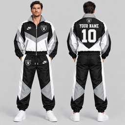 Las Vegas Raiders | Premium NFL Custom Name Number Chevron Colorblock Zip Up Jacket & Matching Jogger Tracksuit NDN cover