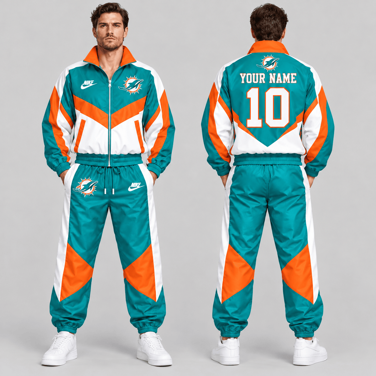 Miami Dolphins | Premium NFL Custom Name Number Chevron Colorblock Zip Up Jacket & Matching Jogger Tracksuit NDN cover