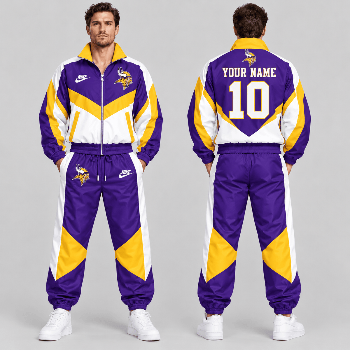 Minnesota Vikings | Premium NFL Custom Name Number Chevron Colorblock Zip Up Jacket & Matching Jogger Tracksuit NDN cover