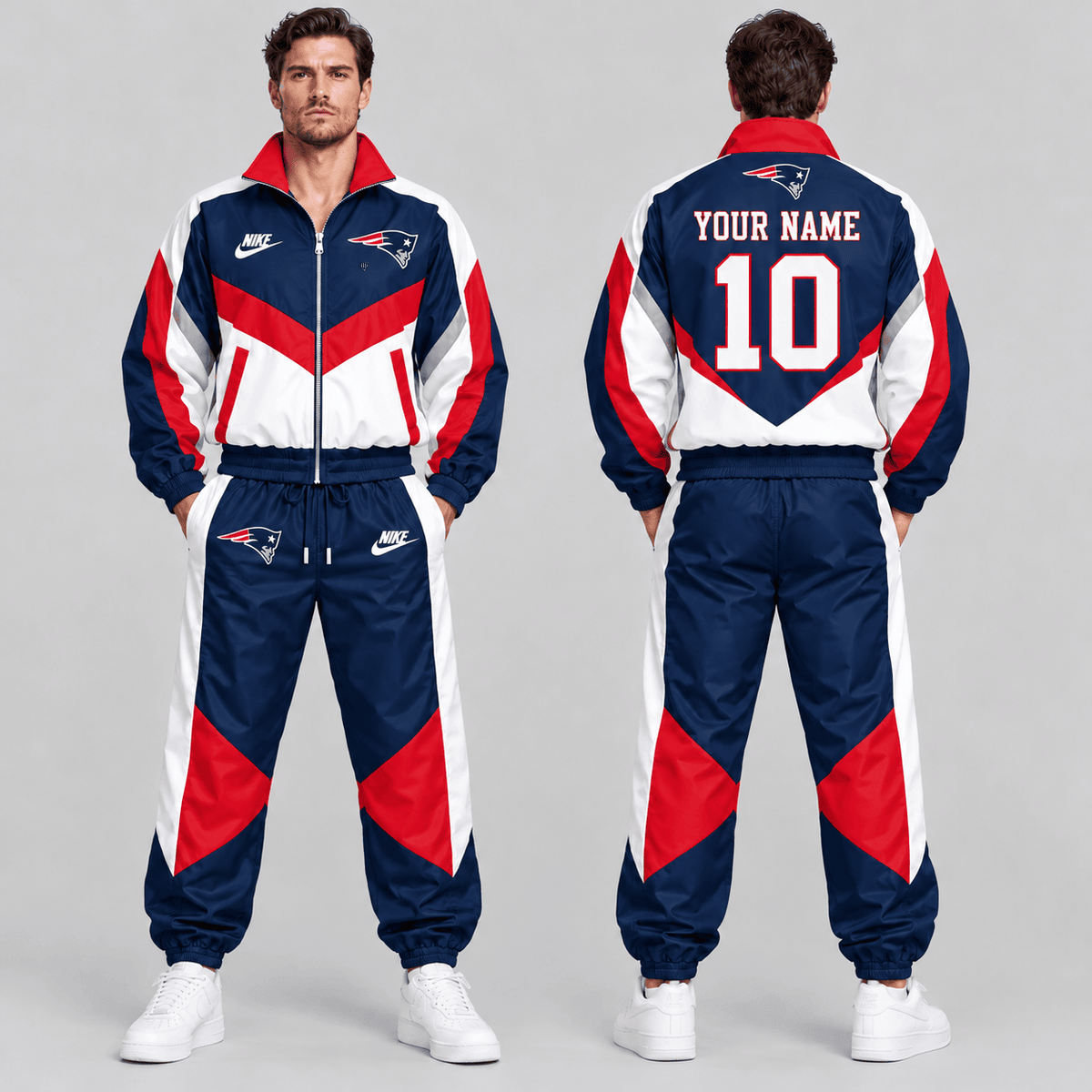 New England Patriots | Premium NFL Custom Name Number Chevron Colorblock Zip Up Jacket & Matching Jogger Tracksuit NDN cover