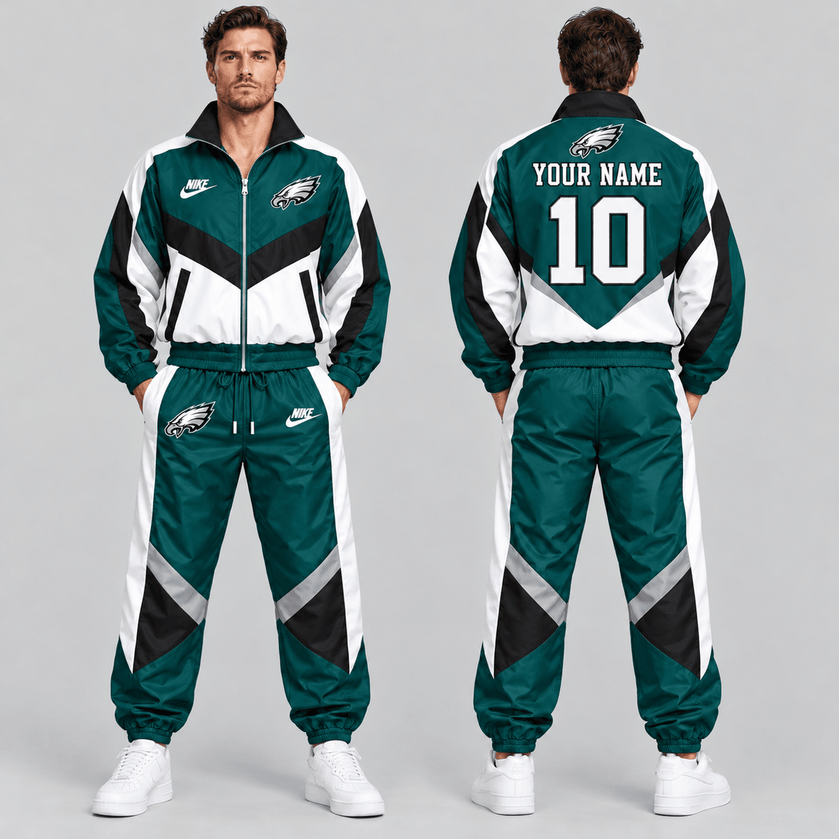 Philadelphia Eagles | Premium NFL Custom Name Number Chevron Colorblock Zip Up Jacket & Matching Jogger Tracksuit NDN cover