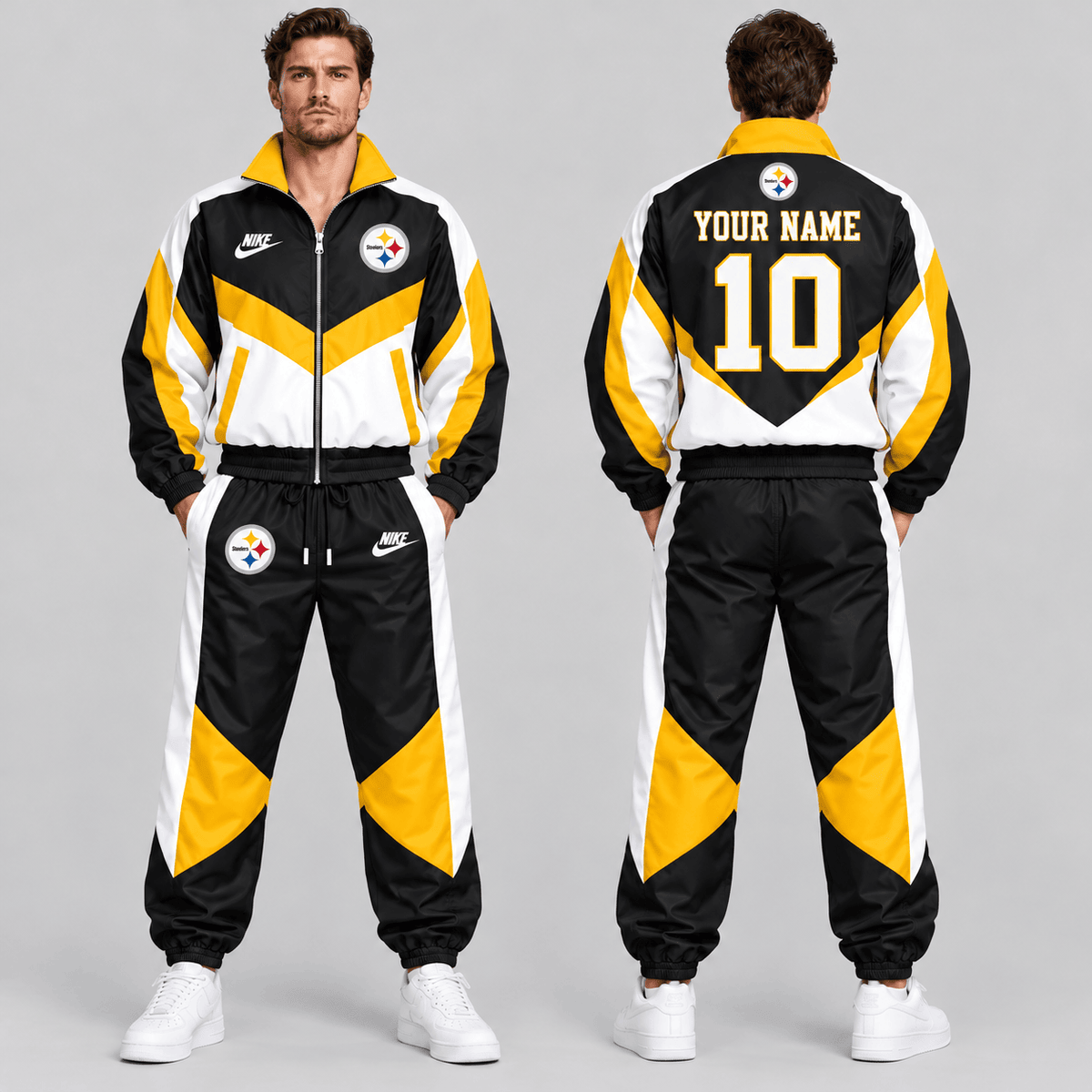 Pittsburgh Steelers | Premium NFL Custom Name Number Chevron Colorblock Zip Up Jacket & Matching Jogger Tracksuit NDN cover