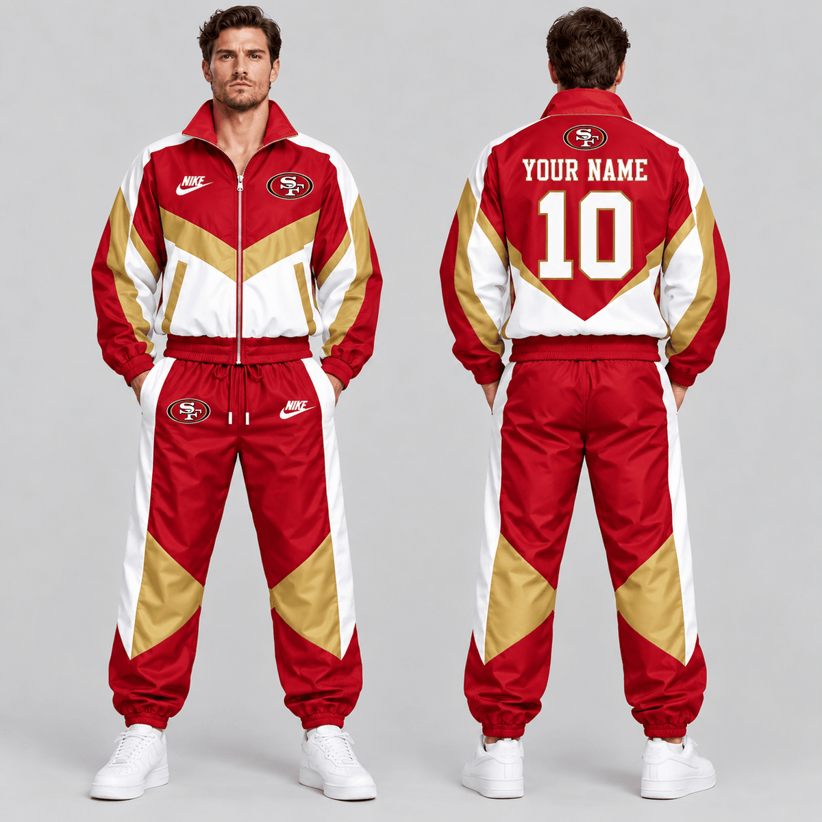San Francisco 49ers | Premium NFL Custom Name Number Chevron Colorblock Zip Up Jacket & Matching Jogger Tracksuit NDN cover
