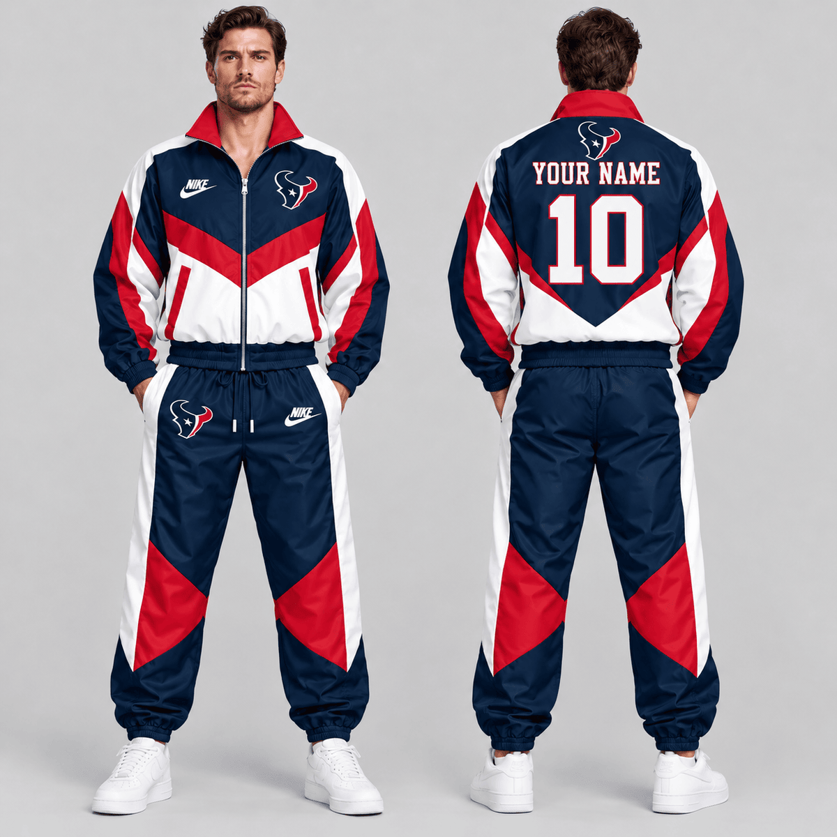 Houston Texans | Premium NFL Custom Name Number Chevron Colorblock Zip Up Jacket & Matching Jogger Tracksuit NDN cover