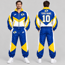 Los Angeles Rams | Premium NFL Custom Name Number Chevron Colorblock Zip Up Jacket & Matching Jogger Tracksuit NDN cover