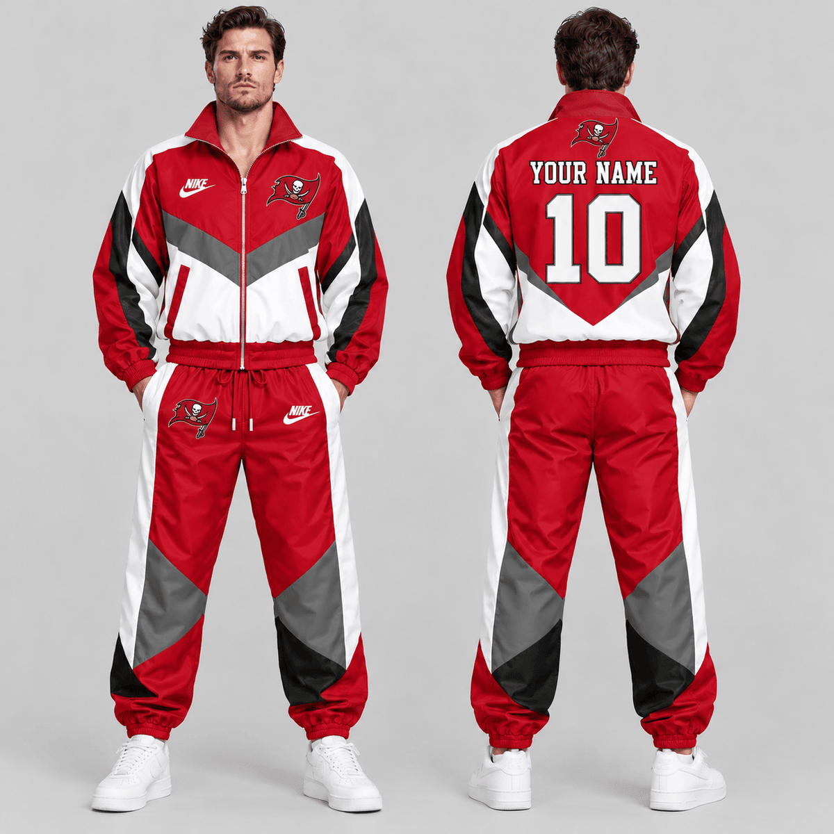 Tampa Bay Buccaneers | Premium NFL Custom Name Number Chevron Colorblock Zip Up Jacket & Matching Jogger Tracksuit NDN cover