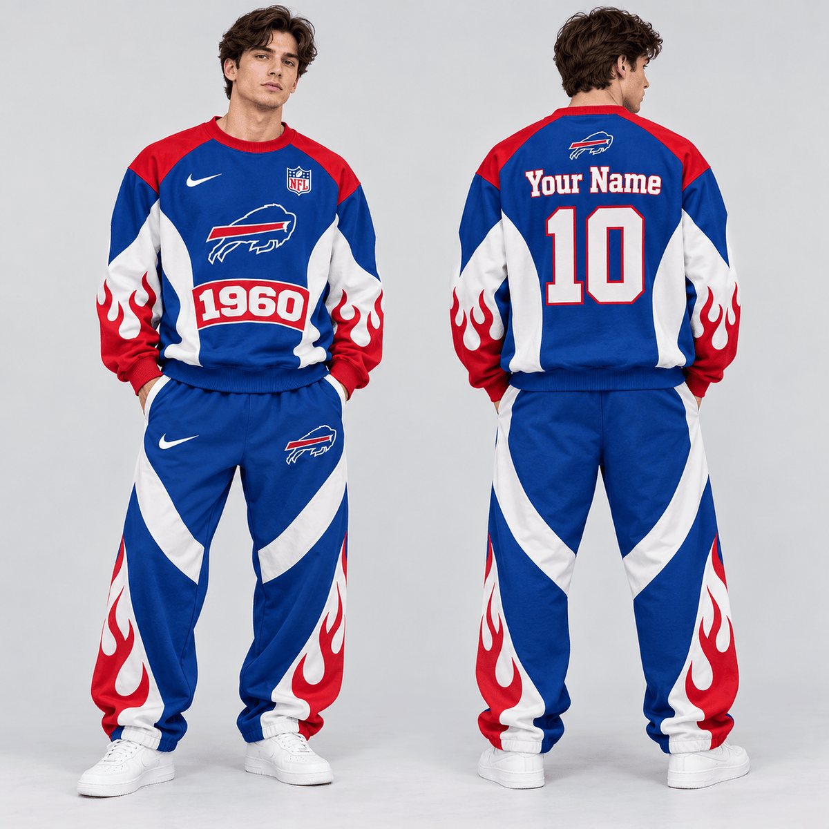 Buffalo Bills | Premium NFL Custom Name Number Flame Graphic Crewneck Sweatshirt & Wide Leg Jogger Pants Set NDN cover