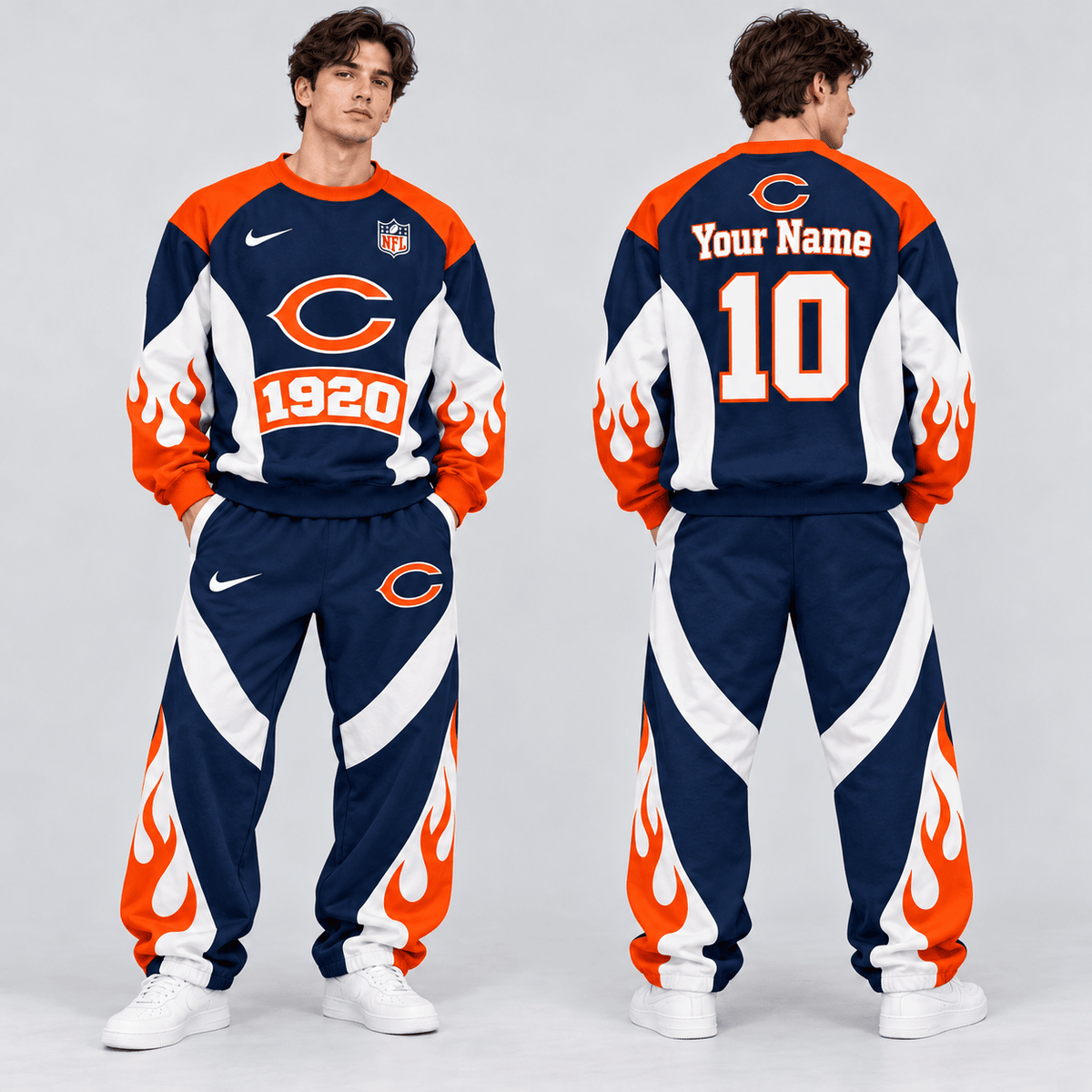 Chicago Bears | Premium NFL Custom Name Number Flame Graphic Crewneck Sweatshirt & Wide Leg Jogger Pants Set NDN cover