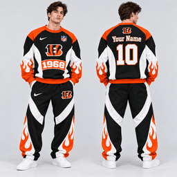 Cincinnati Bengals | Premium NFL Custom Name Number Flame Graphic Crewneck Sweatshirt & Wide Leg Jogger Pants Set NDN cover