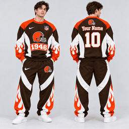 Cleveland Browns | Premium NFL Custom Name Number Flame Graphic Crewneck Sweatshirt & Wide Leg Jogger Pants Set NDN cover