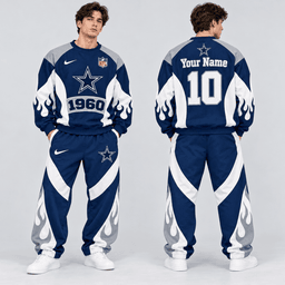 Dallas Cowboys | Premium NFL Custom Name Number Flame Graphic Crewneck Sweatshirt & Wide Leg Jogger Pants Set NDN cover