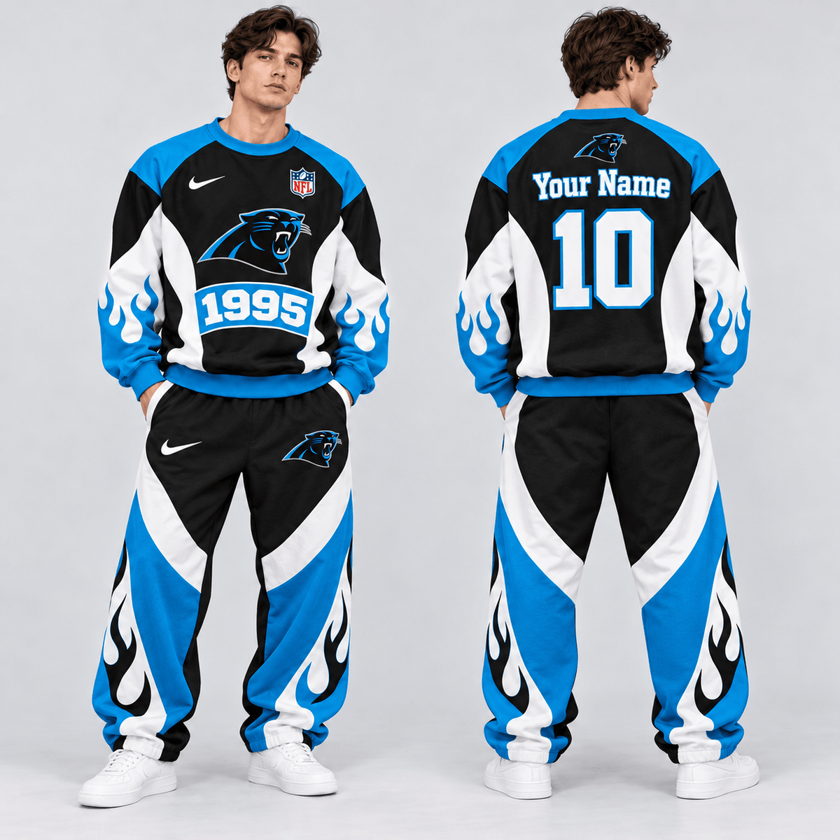 Carolina Panthers | Premium NFL Custom Name Number Flame Graphic Crewneck Sweatshirt & Wide Leg Jogger Pants Set NDN cover