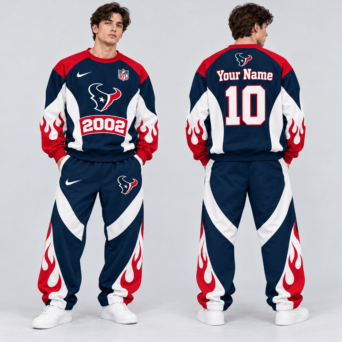 Houston Texans | Premium NFL Custom Name Number Flame Graphic Crewneck Sweatshirt & Wide Leg Jogger Pants Set NDN cover