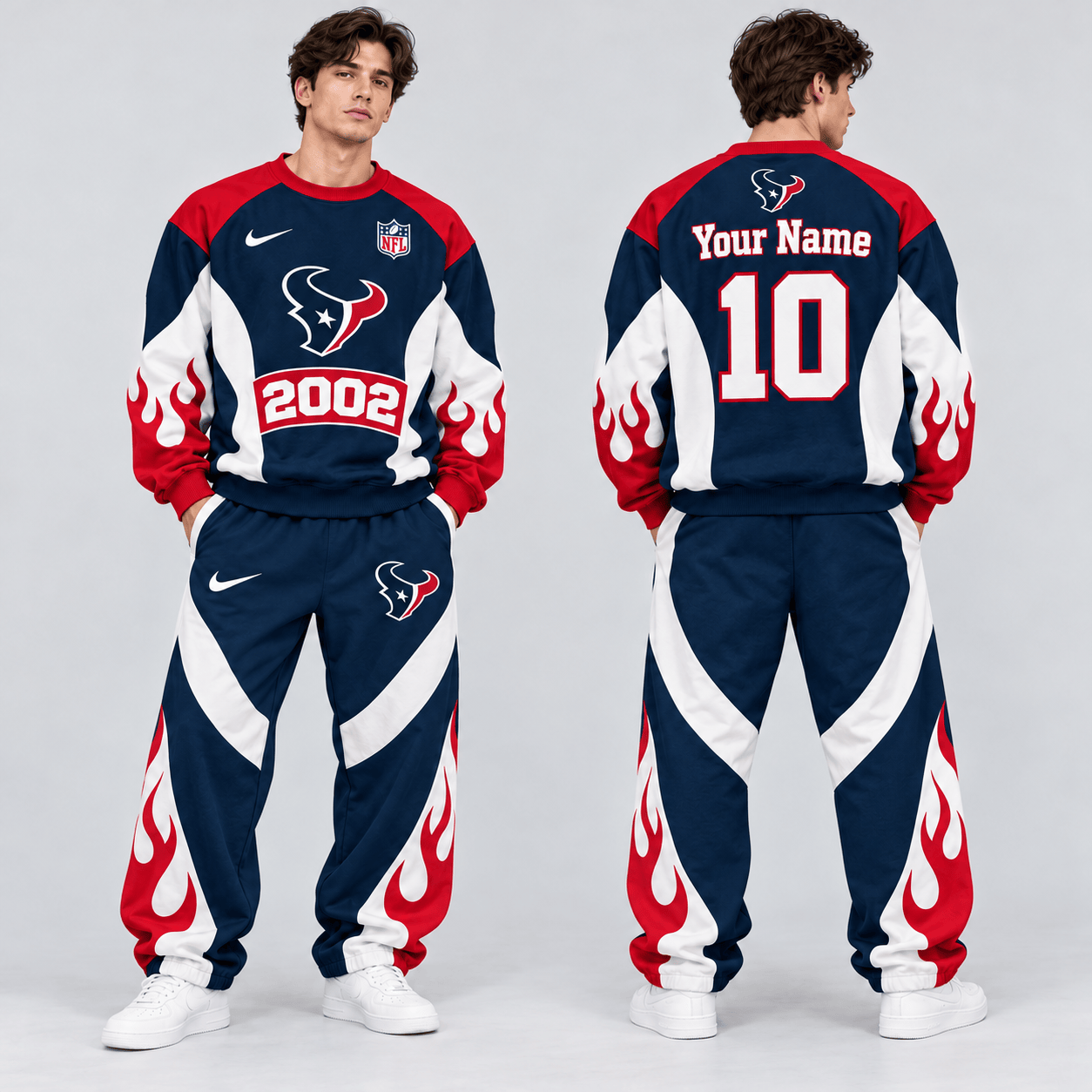 Houston Texans | Premium NFL Custom Name Number Flame Graphic Crewneck Sweatshirt & Wide Leg Jogger Pants Set NDN cover