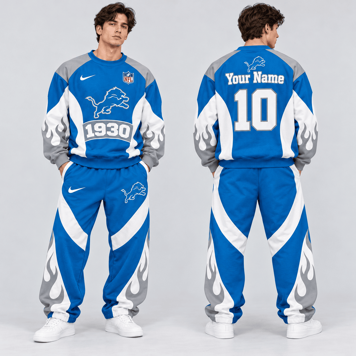 Detroit Lions | Premium NFL Custom Name Number Flame Graphic Crewneck Sweatshirt & Wide Leg Jogger Pants Set NDN cover