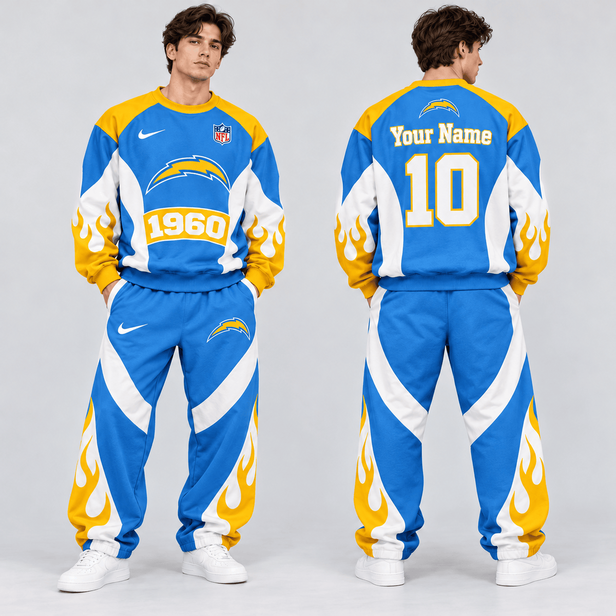 Los Angeles Chargers | Premium NFL Custom Name Number Flame Graphic Crewneck Sweatshirt & Wide Leg Jogger Pants Set NDN cover