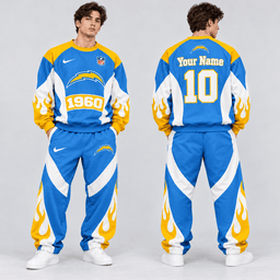 Los Angeles Chargers | Premium NFL Custom Name Number Flame Graphic Crewneck Sweatshirt & Wide Leg Jogger Pants Set NDN cover