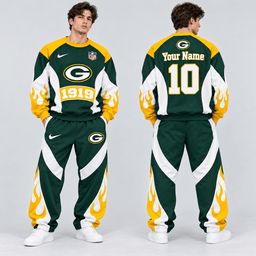 Green Bay Packers | Premium NFL Custom Name Number Flame Graphic Crewneck Sweatshirt & Wide Leg Jogger Pants Set NDN cover