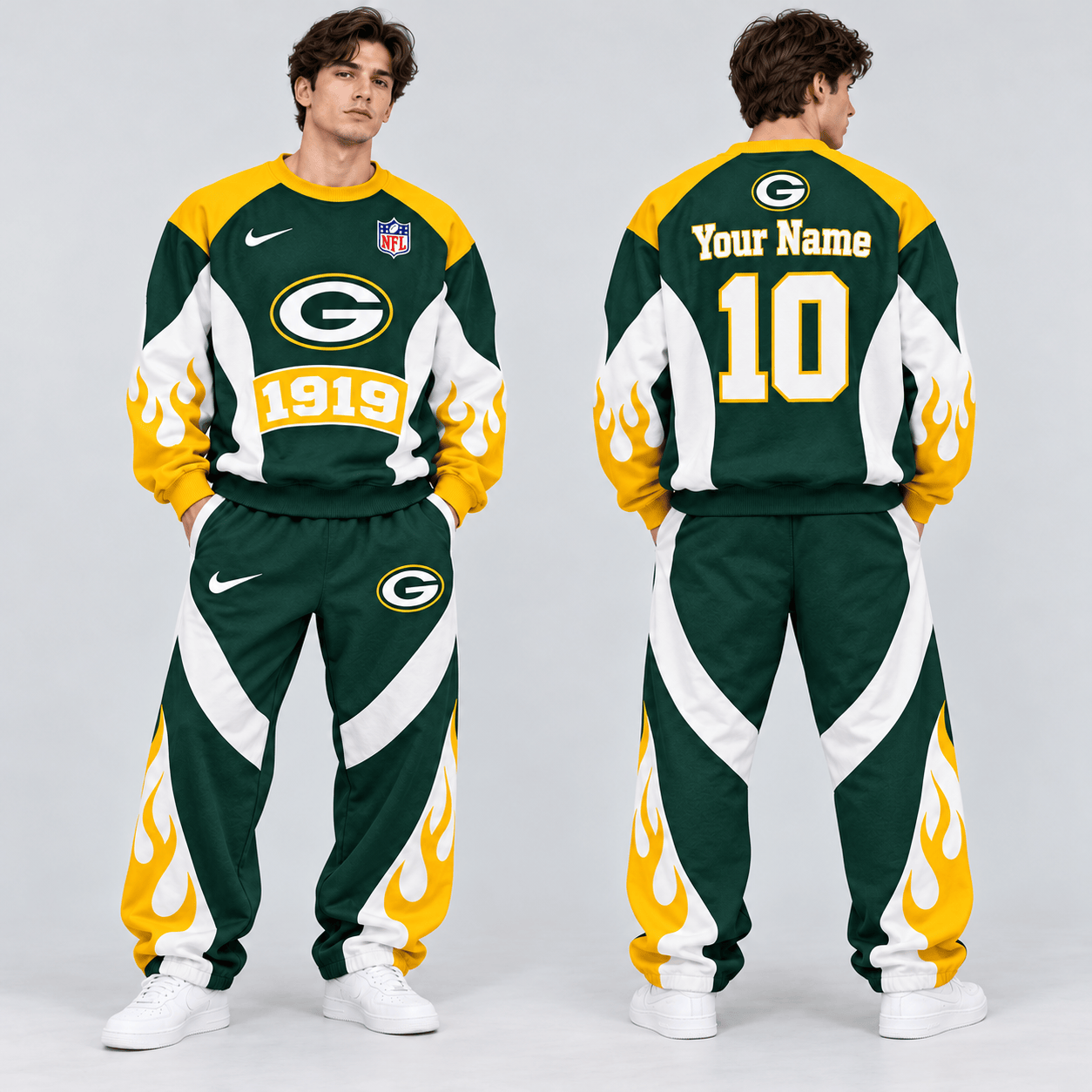 Green Bay Packers | Premium NFL Custom Name Number Flame Graphic Crewneck Sweatshirt & Wide Leg Jogger Pants Set NDN cover