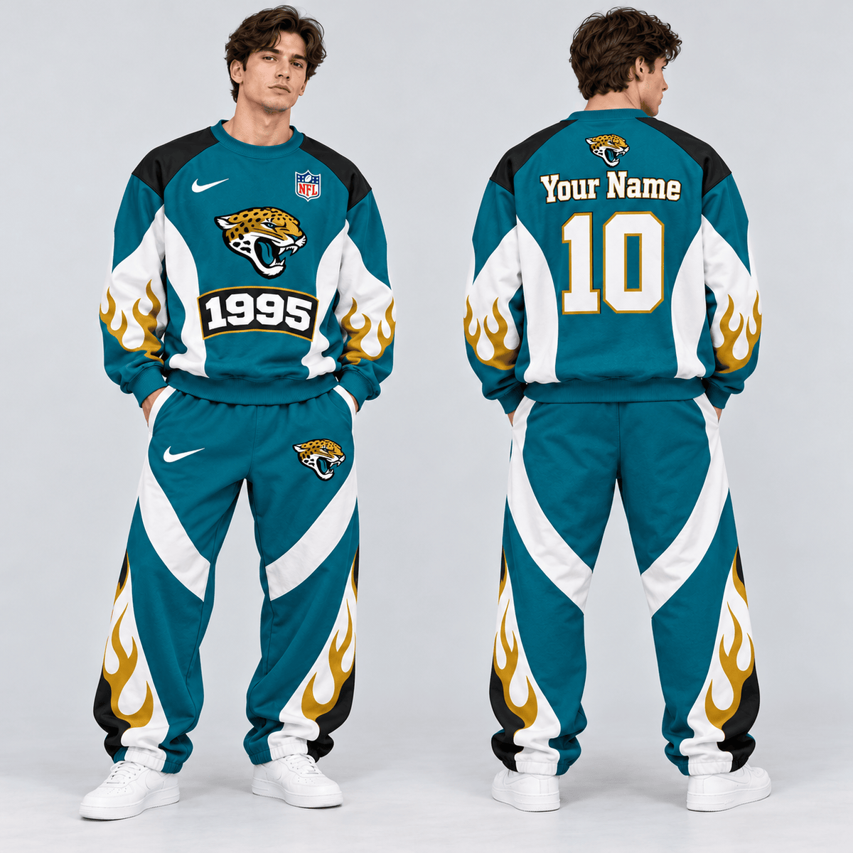 Jacksonville Jaguars | Premium NFL Custom Name Number Flame Graphic Crewneck Sweatshirt & Wide Leg Jogger Pants Set NDN cover