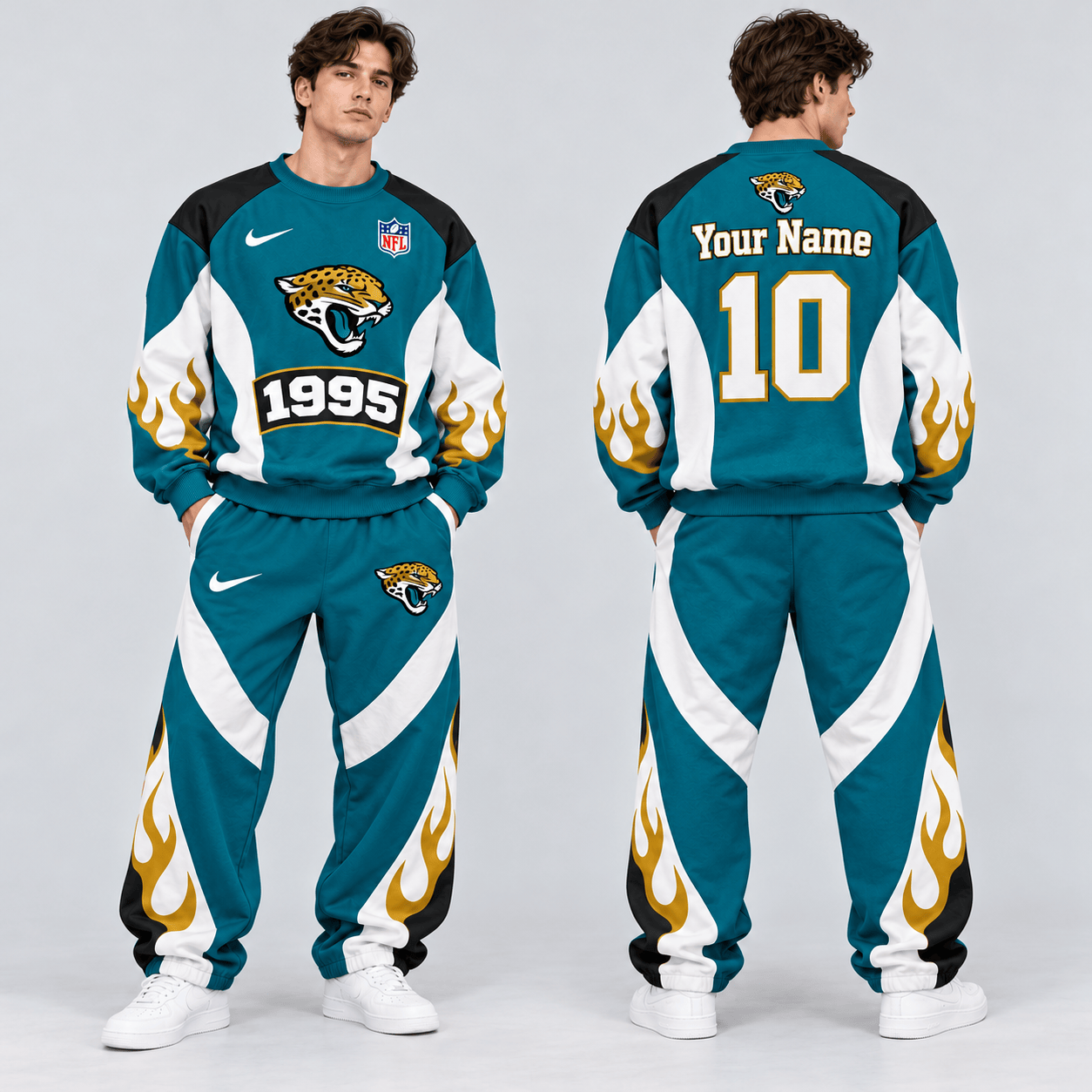 Jacksonville Jaguars | Premium NFL Custom Name Number Flame Graphic Crewneck Sweatshirt & Wide Leg Jogger Pants Set NDN cover