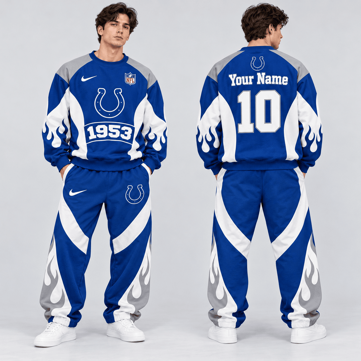 Indianapolis Colts | Premium NFL Custom Name Number Flame Graphic Crewneck Sweatshirt & Wide Leg Jogger Pants Set NDN cover
