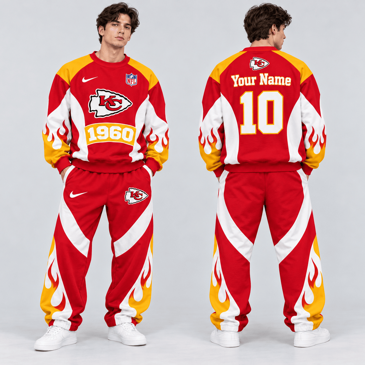 Kansas City Chiefs | Premium NFL Custom Name Number Flame Graphic Crewneck Sweatshirt & Wide Leg Jogger Pants Set NDN cover