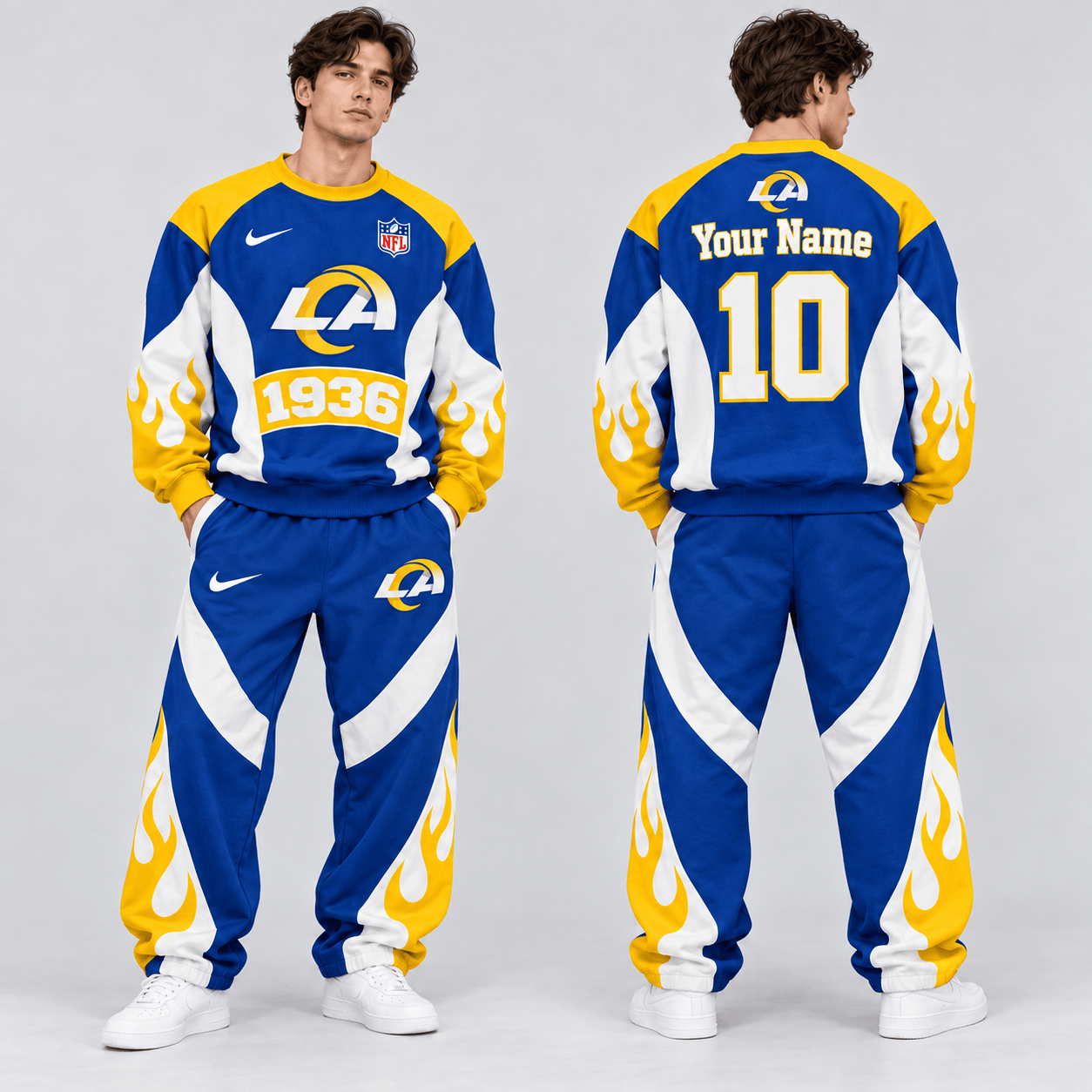 Los Angeles Rams | Premium NFL Custom Name Number Flame Graphic Crewneck Sweatshirt & Wide Leg Jogger Pants Set NDN cover