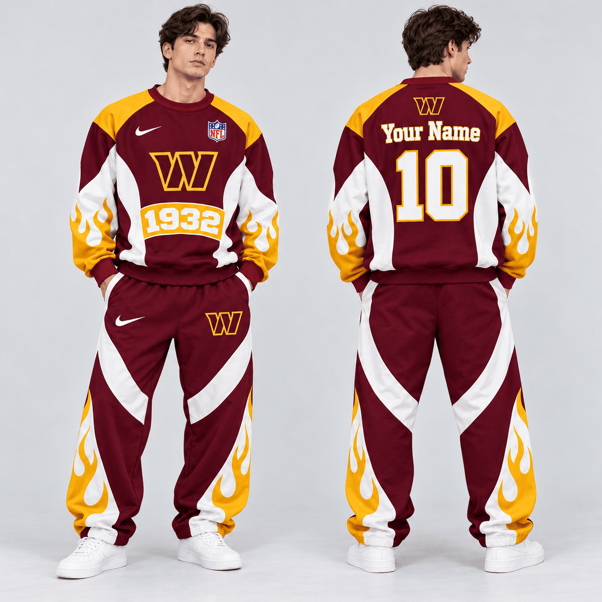 Washington Commanders | Premium NFL Custom Name Number Flame Graphic Crewneck Sweatshirt & Wide Leg Jogger Pants Set NDN cover