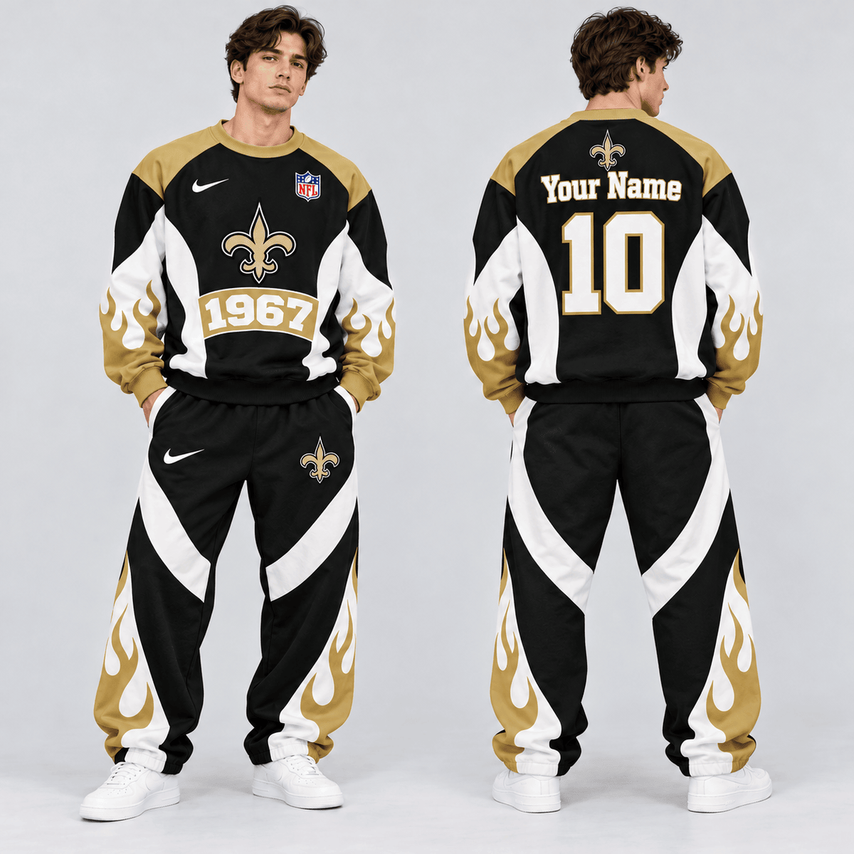 New Orleans Saints | Premium NFL Custom Name Number Flame Graphic Crewneck Sweatshirt & Wide Leg Jogger Pants Set NDN cover