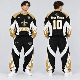 New Orleans Saints | Premium NFL Custom Name Number Flame Graphic Crewneck Sweatshirt & Wide Leg Jogger Pants Set NDN cover
