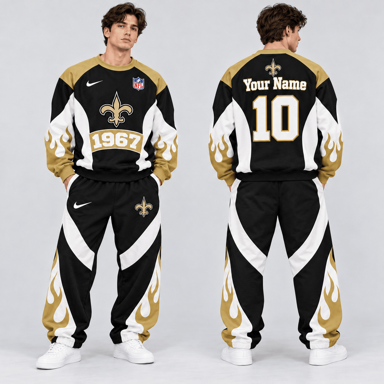 New Orleans Saints | Premium NFL Custom Name Number Flame Graphic Crewneck Sweatshirt & Wide Leg Jogger Pants Set NDN cover