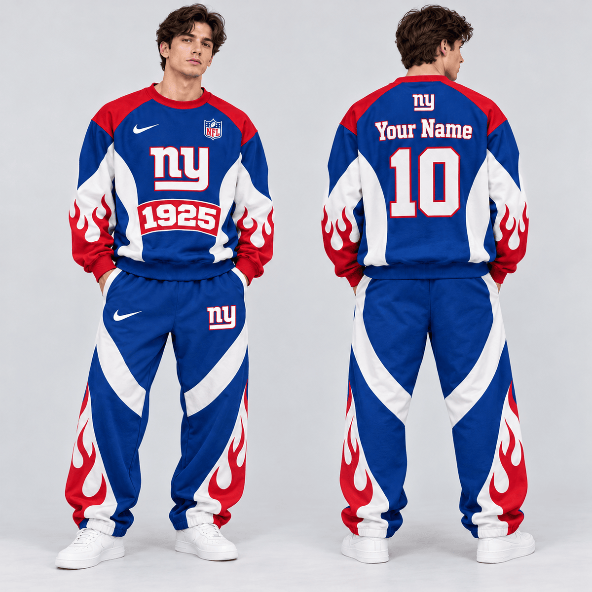 New York Giants | Premium NFL Custom Name Number Flame Graphic Crewneck Sweatshirt & Wide Leg Jogger Pants Set NDN cover