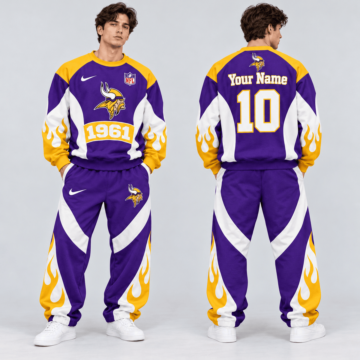 Minnesota Vikings | Premium NFL Custom Name Number Flame Graphic Crewneck Sweatshirt & Wide Leg Jogger Pants Set NDN cover
