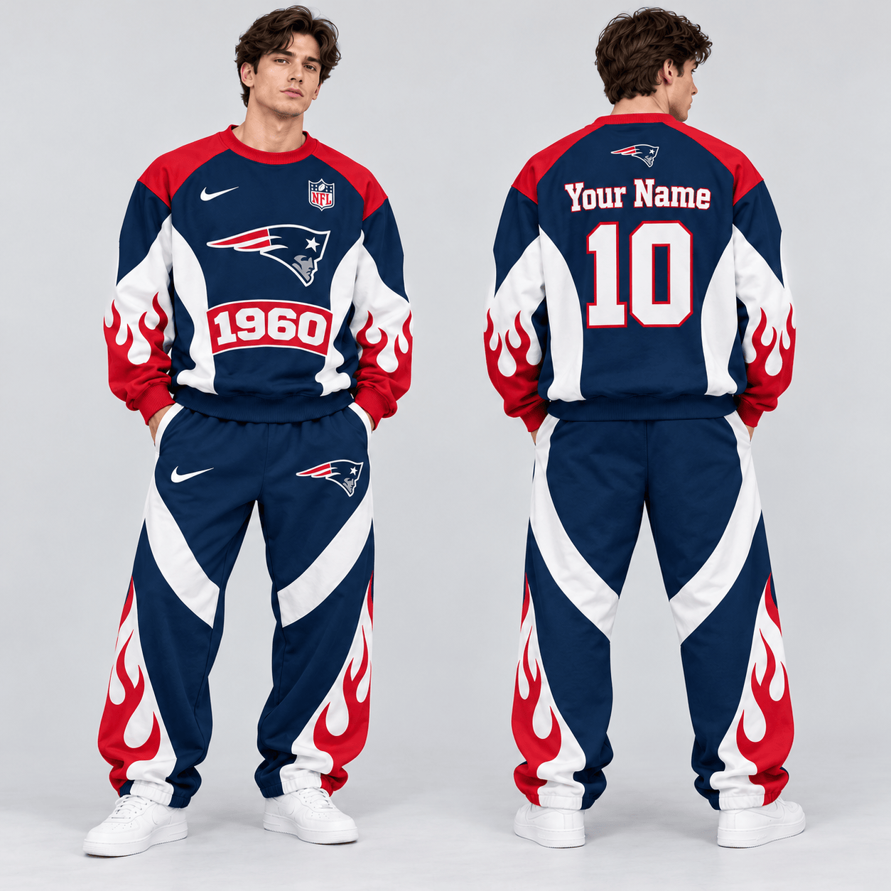 New England Patriots | Premium NFL Custom Name Number Flame Graphic Crewneck Sweatshirt & Wide Leg Jogger Pants Set NDN cover