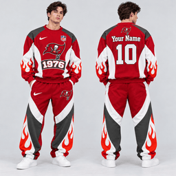 Tampa Bay Buccaneers | Premium NFL Custom Name Number Flame Graphic Crewneck Sweatshirt & Wide Leg Jogger Pants Set NDN cover