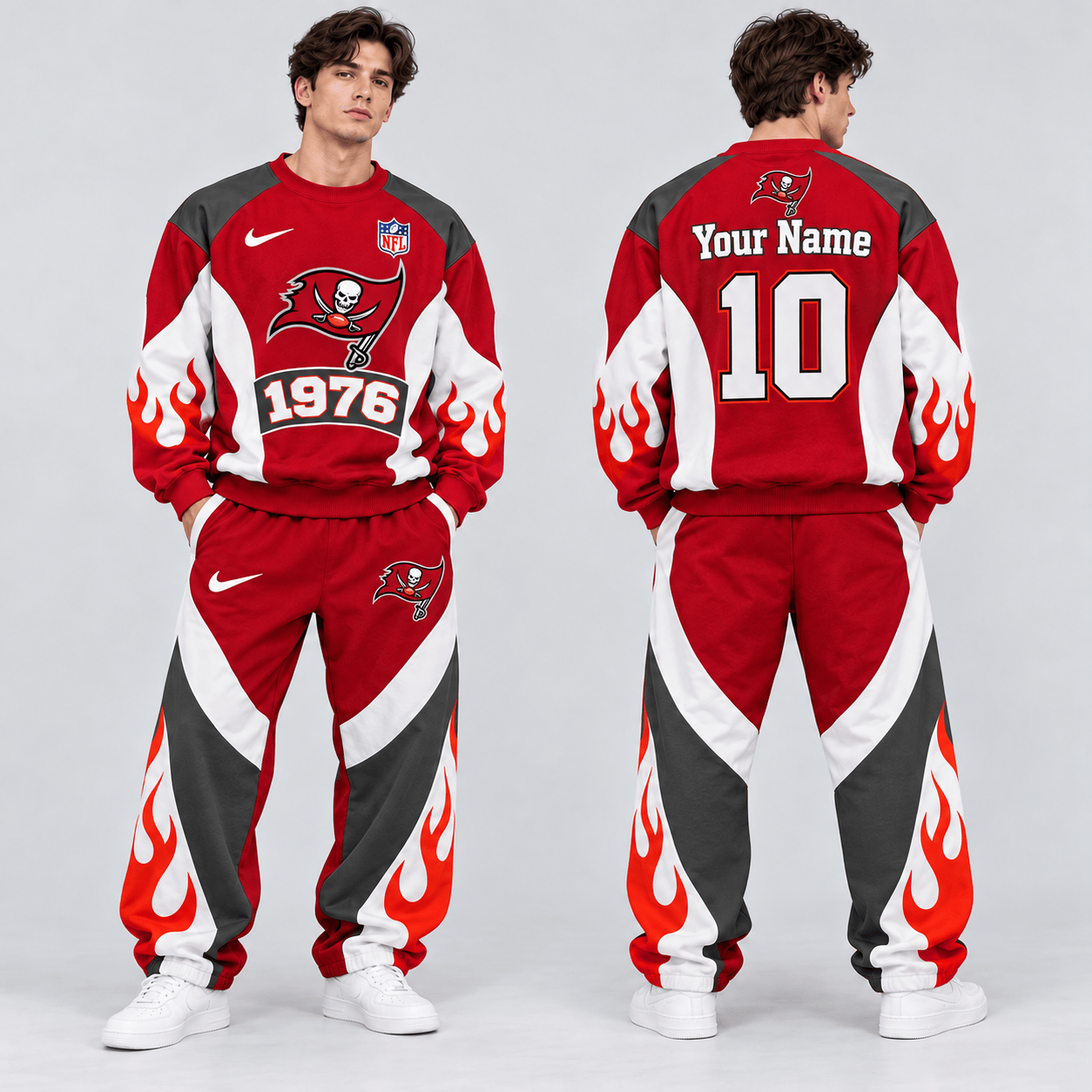 Tampa Bay Buccaneers | Premium NFL Custom Name Number Flame Graphic Crewneck Sweatshirt & Wide Leg Jogger Pants Set NDN cover