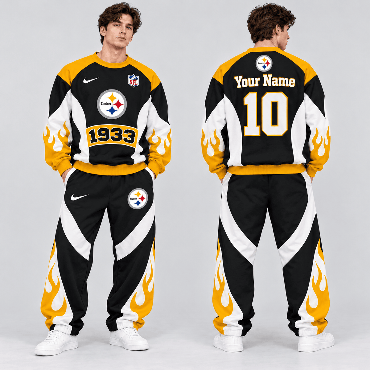 Pittsburgh Steelers | Premium NFL Custom Name Number Flame Graphic Crewneck Sweatshirt & Wide Leg Jogger Pants Set NDN cover