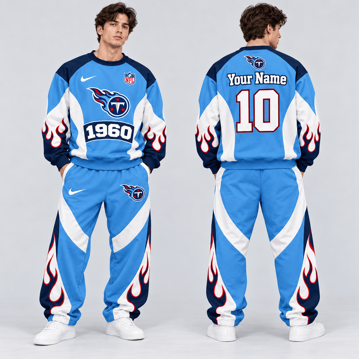 Tennessee Titans | Premium NFL Custom Name Number Flame Graphic Crewneck Sweatshirt & Wide Leg Jogger Pants Set NDN cover