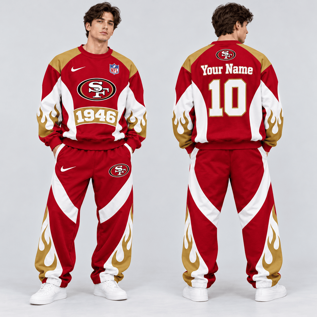 San Francisco 49ers | Premium NFL Custom Name Number Flame Graphic Crewneck Sweatshirt & Wide Leg Jogger Pants Set NDN cover