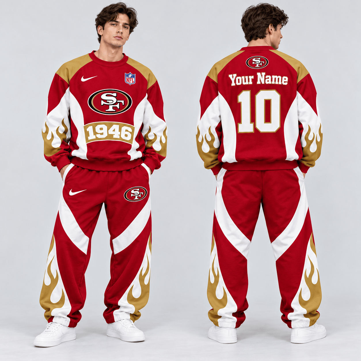 San Francisco 49ers | Premium NFL Custom Name Number Flame Graphic Crewneck Sweatshirt & Wide Leg Jogger Pants Set NDN cover