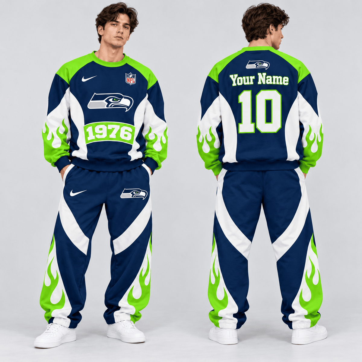 Seattle Seahawks | Premium NFL Custom Name Number Flame Graphic Crewneck Sweatshirt & Wide Leg Jogger Pants Set NDN cover