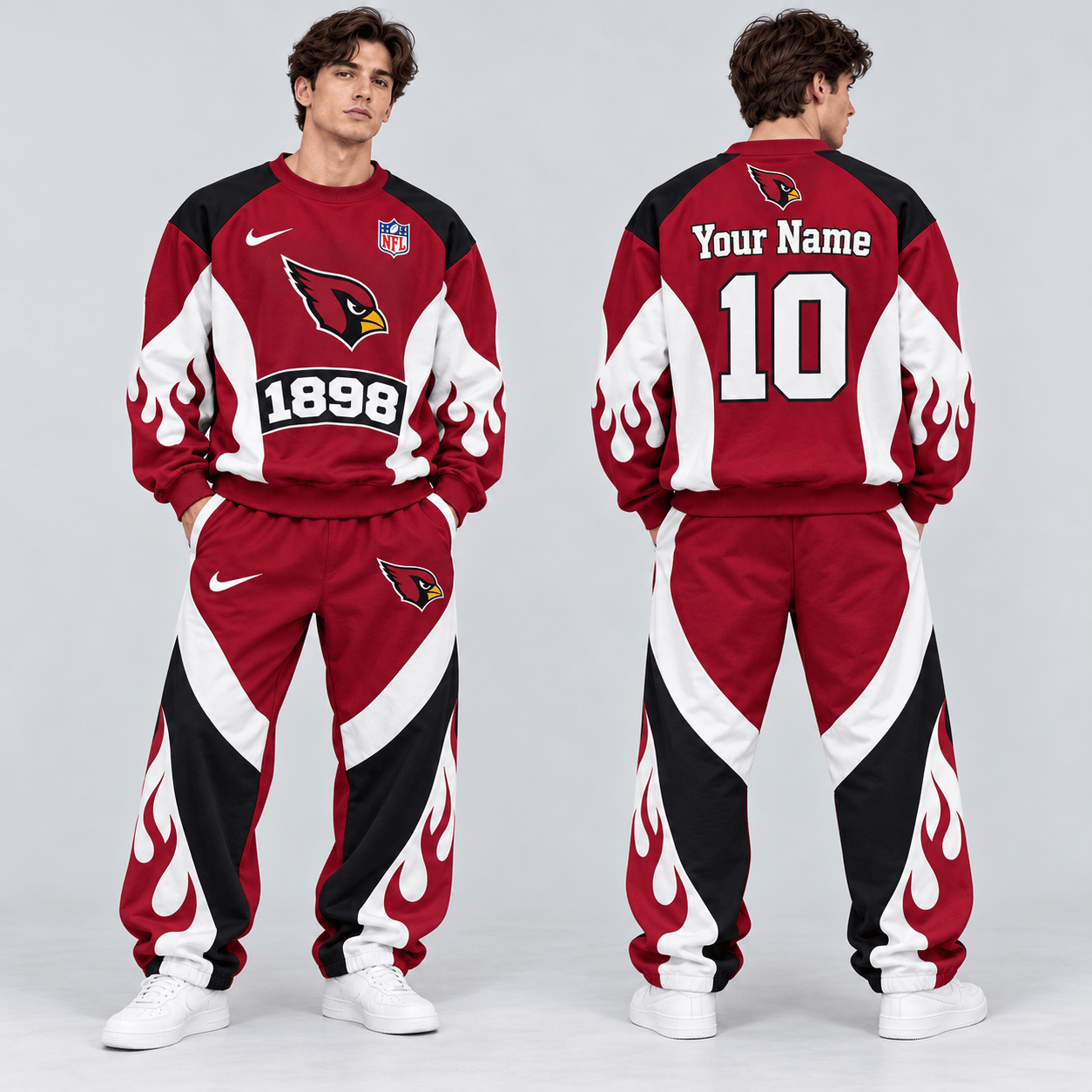 Arizona Cardinals | Premium NFL Custom Name Number Flame Graphic Crewneck Sweatshirt & Wide Leg Jogger Pants Set NDN cover
