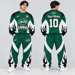 New York Jets | Premium NFL Custom Name Number Flame Graphic Crewneck Sweatshirt & Wide Leg Jogger Pants Set NDN cover