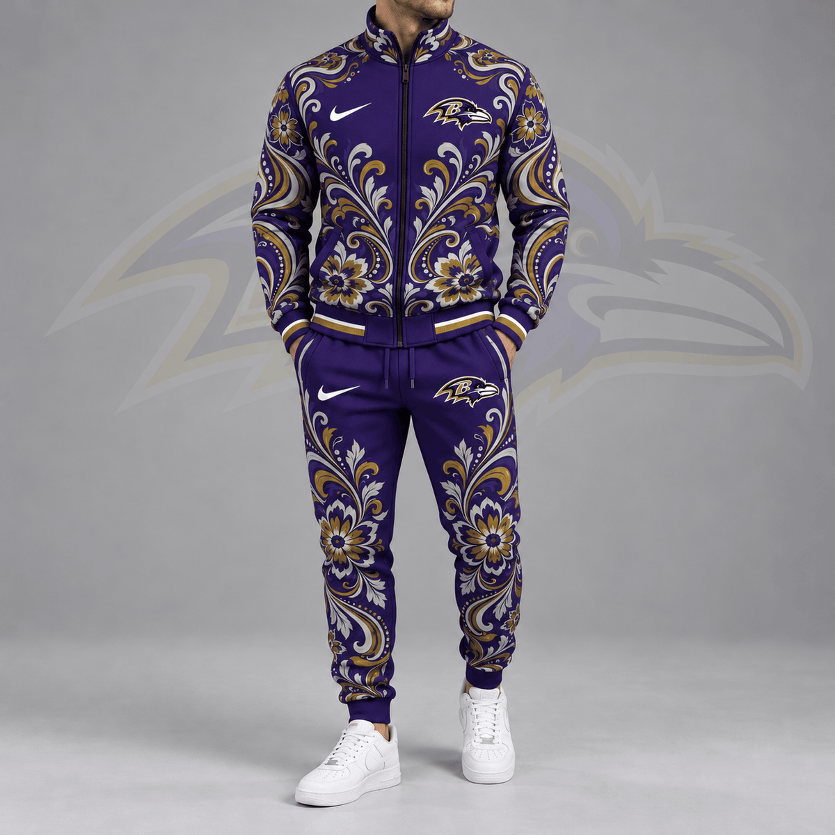 Baltimore Ravens | Premium NFL Ornamental Floral Paisley Full Zip Jacket & Matching Jogger Pants Tracksuit Set NDN cover